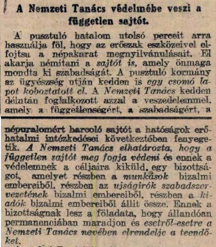 A Nemzeti Tanács védelmébe veszi a független sajtót. Népszava, 1918. október 30. 3.