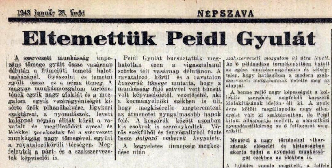 Eltemettük Peidl Gyulát. Népszava, 1943. január 26. 5.