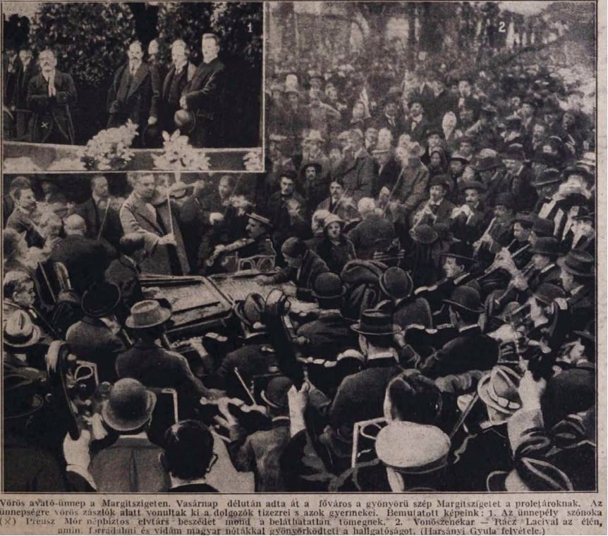 Preusz Mór beszédet mond a Margitsziget közönség előtti megnyitása alkalmával 1919 áprilisában. Tolnai Világlapja, 1919. április 26. 1.