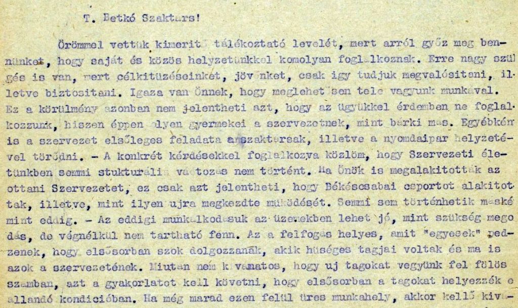 A Magyar Könyvnyomdai Munkások Szakszervezetének levele Betkó András részére, 1945. április 18., részlet (a teljes levél a cikk végén olvasható)